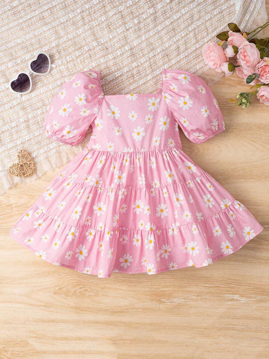 SHEIN Baby Daisy Floral Print Puff Sleeve Ruffle Hem Dress - Multicolor - View 1