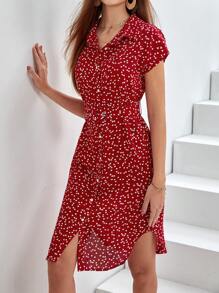 SHEIN Frenchy 紙屑愛心圖案蝙蝠袖襯衫洋裝