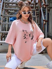 INAWLY Butterfly Print Drop Shoulder Tee Graphic Tees Women Tops - Pink - View 3