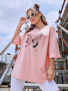 INAWLY Butterfly Print Drop Shoulder Tee Graphic Tees Women Tops - Pink - View 5