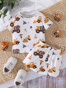男嬰挖掘機印花T恤和短褲 - 白色 - 查看 1