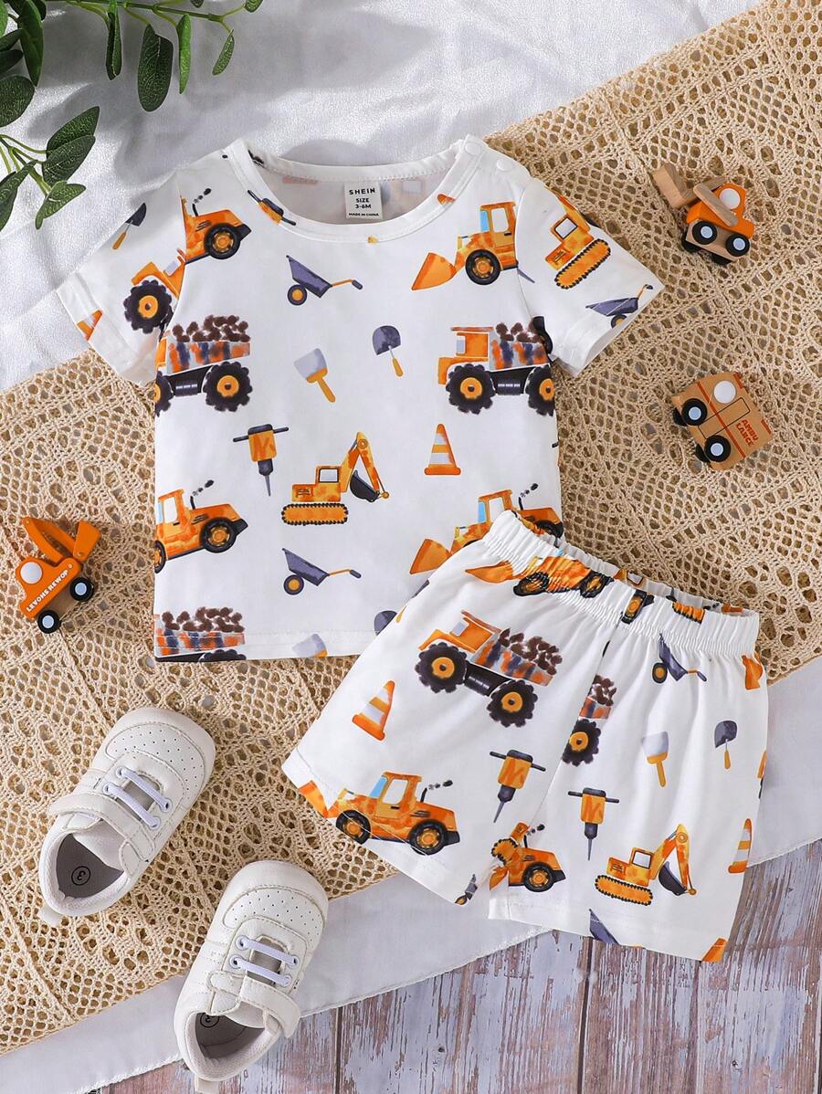 男嬰挖掘機印花T恤和短褲 - 白色 - 查看 1