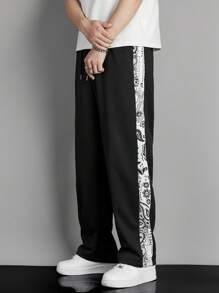 Manfinity Hypemode Men Paisley Print Contrast Side Seam Drawstring Waist Sweatpants, Going Out Casual Black Sweatpants, For Husband, Boyfriend Gifts