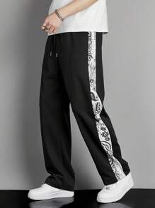 Manfinity Hypemode Men Paisley Print Contrast Side Seam Drawstring Waist Sweatpants, Going Out Casual Black Sweatpants, For Husband, Boyfriend Gifts