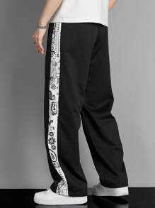 Manfinity Hypemode Men Paisley Print Contrast Side Seam Drawstring Waist Sweatpants, Going Out Casual Black Sweatpants, For Husband, Boyfriend Gifts