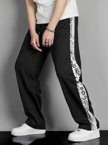Manfinity Hypemode Men Paisley Print Contrast Side Seam Drawstring Waist Sweatpants, Going Out Casual Black Sweatpants, For Husband, Boyfriend Gifts