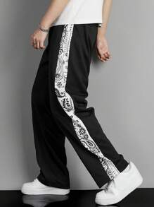 Manfinity Hypemode Men Paisley Print Contrast Side Seam Drawstring Waist Sweatpants, Going Out Casual Black Sweatpants, For Husband, Boyfriend Gifts