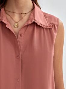 SHEIN Frenchy Áo sơ mi nữ Tương phản ren Nút phía trước màu trơn Giải trí - Bụi hồng - Xem 4