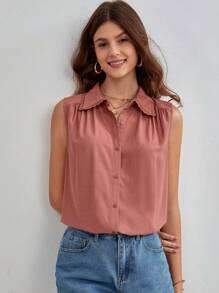 SHEIN Frenchy Áo sơ mi nữ Tương phản ren Nút phía trước màu trơn Giải trí - Bụi hồng - Xem 5