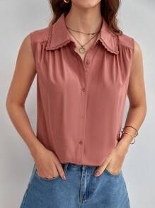 SHEIN Frenchy Áo sơ mi nữ Tương phản ren Nút phía trước màu trơn Giải trí - Bụi hồng - Xem 6
