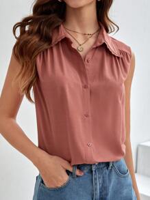 SHEIN Frenchy Áo sơ mi nữ Tương phản ren Nút phía trước màu trơn Giải trí - Bụi hồng - Xem 7
