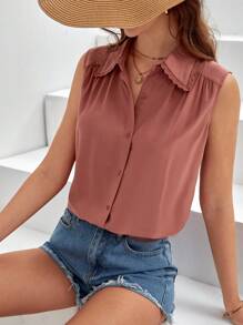 SHEIN Frenchy Áo sơ mi nữ Tương phản ren Nút phía trước màu trơn Giải trí - Bụi hồng - Xem 1