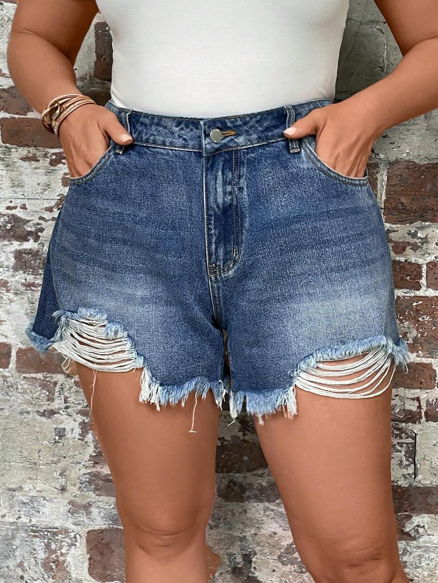 SHEIN LUNE Quần short denim oversized Nút Túi Hem thô Bị tách Dây kéo màu trơn - Rửa trung bình - Xem 1