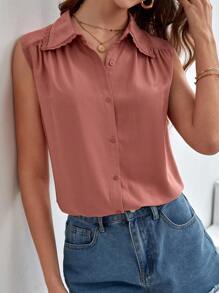 SHEIN Frenchy Áo sơ mi nữ Tương phản ren Nút phía trước màu trơn Giải trí - Bụi hồng - Xem 8