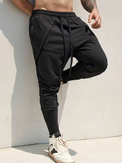 Manfinity Homme Pantaloni de trening lejeri pentru bărbați, culoare solidă, cu talie cu șnur, lungi, pantaloni de trening simpli, casual, pentru ieșiri în oraș, soț