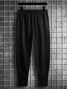 Manfinity Homme Quần nỉ dài dáng rộng màu trơn có dây rút eo dành cho nam, quần nỉ dài đơn giản, thoải mái khi đi chơi cùng chồng - màu đen - Xem 2