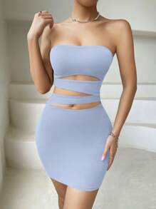 SHEIN Privé Cut Out Tube Bodycon Dress - Blue - View 3