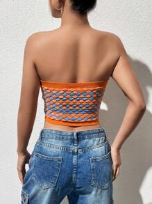 SHEIN EZwear 幾何圖案短款抹胸針織上衣 - 彩色 - 查看 2