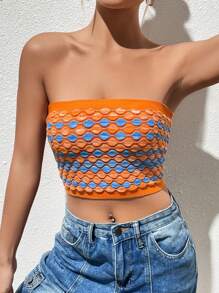 SHEIN EZwear 幾何圖案短款抹胸針織上衣 - 彩色 - 查看 4