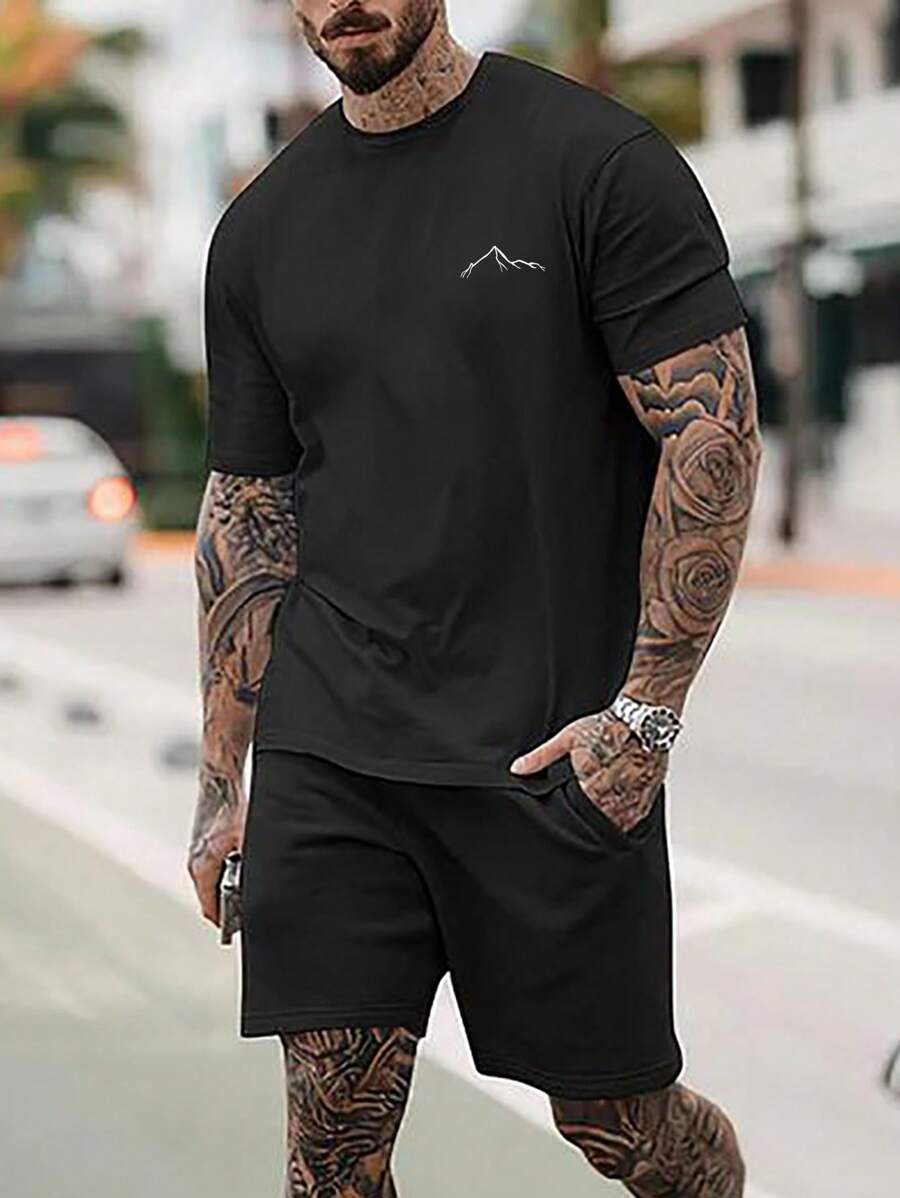 Manfinity Homme Nam Áo thun Bông In Núi - màu đen - Xem 1