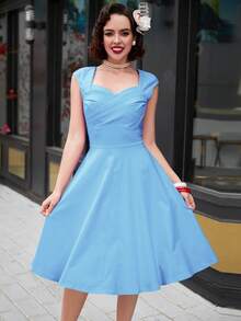 MUXXN 雞心領口抽褶細節喇叭下擺洋裝 - 淺藍色 - 查看 6