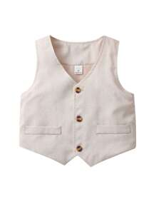 小男童前蝴蝶結襯衫和夾克背心和短褲 - 卡其色 - 查看 3