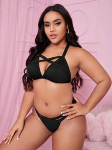 Plus Criss Cross Halter Lingerie Set - Black - View 5