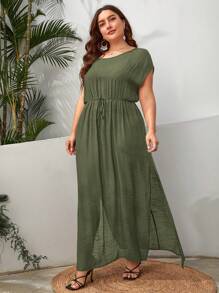 SHEIN Swim Curve Plus Size Split Thigh Knot Front Cover Up Dress Summer - Army Green - View 4