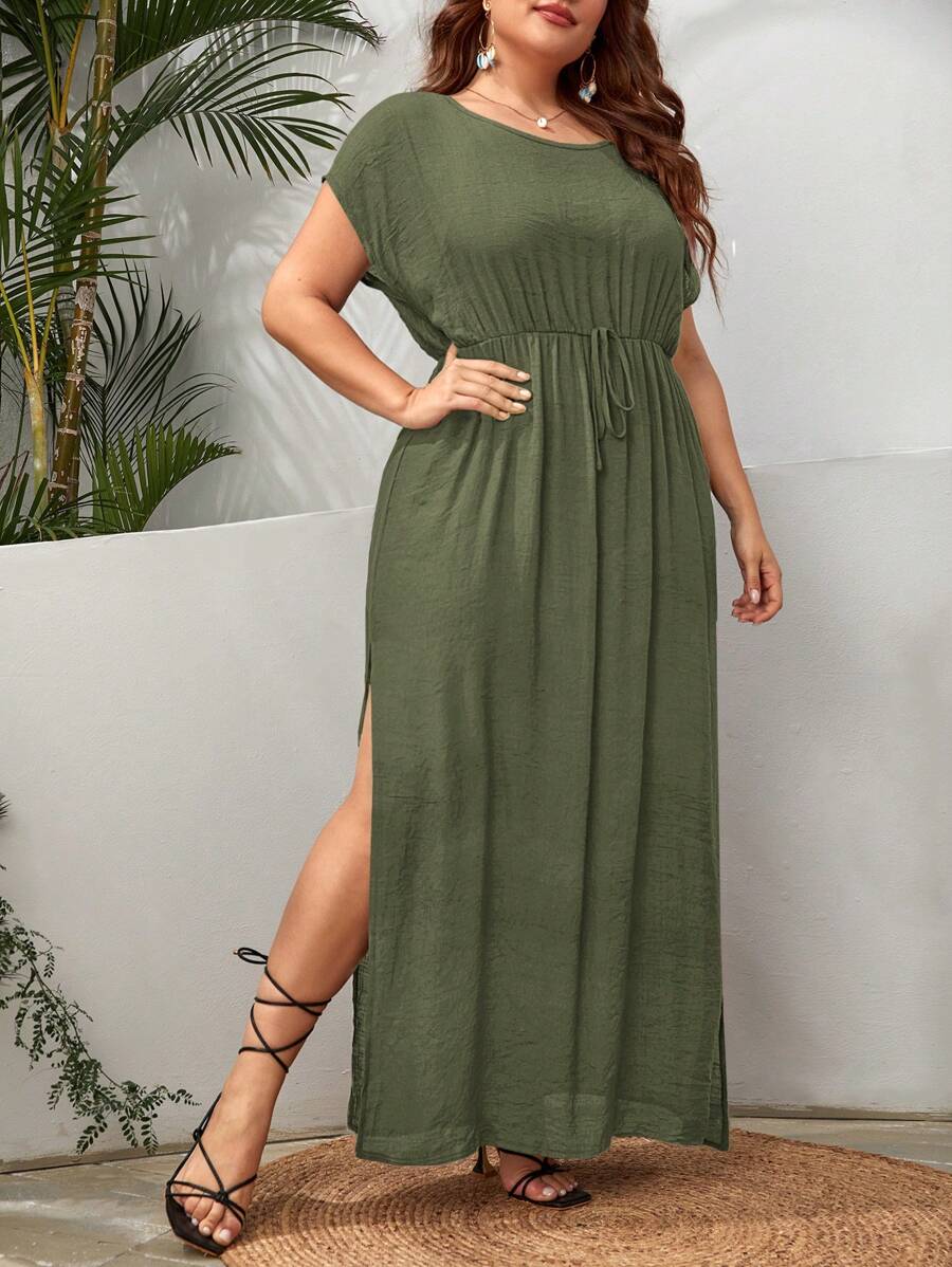 SHEIN Swim Curve Plus Size Split Thigh Knot Front Cover Up Dress Summer - Army Green - View 1