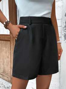 SHEIN LUNE Quần đùi nữ Túi Dây kéo màu trơn Giải trí - màu đen - Xem 5