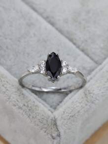 1peça Anel elegante prata esterlina 925 preto oval strass prata para mulheres para festa de formatura banquete