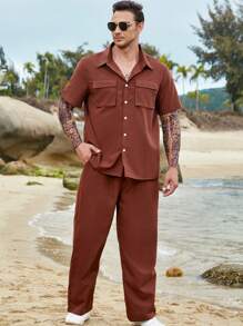 Manfinity 男士翻蓋口袋襯衫和褲子 - 棕色 - 查看 1