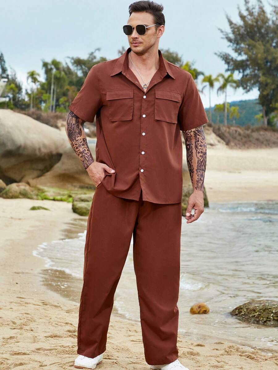 Manfinity 男士翻蓋口袋襯衫和褲子 - 棕色 - 查看 1