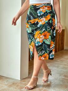 SHEIN Frenchy Plus Tropical Print Wrap Hem Skirt - Multicolor - View 1