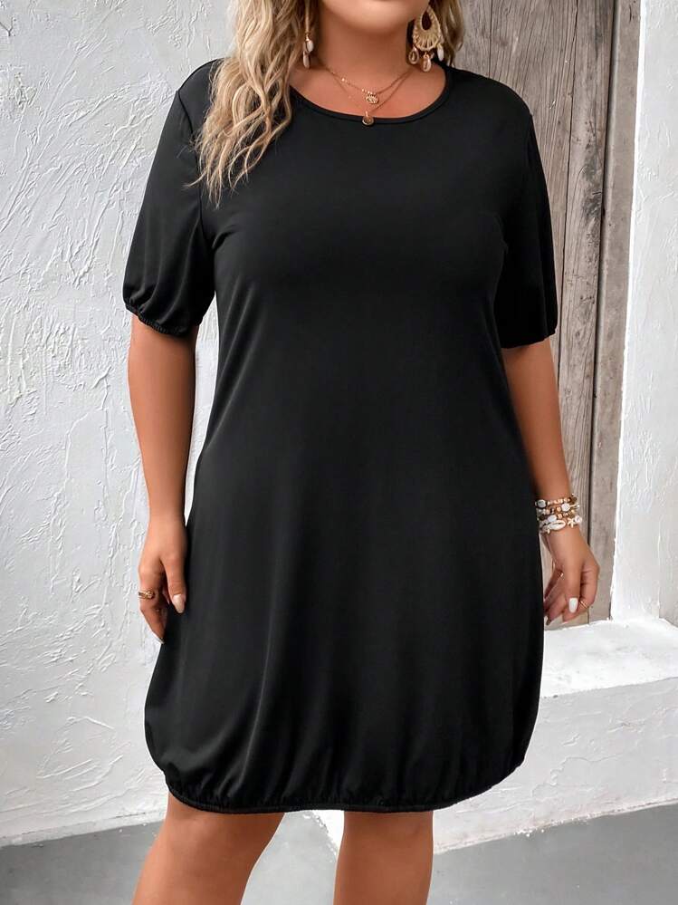 SHEIN LUNE פשוט קז'ואל שמלה במידה גדולה - שחור - ראה 1