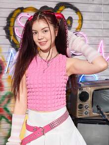 SHEIN Teen Girls Solid Textured Tank Top - Pink - View 4