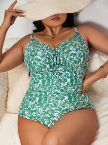 Swim Lushoire Summer Beach Plus Ditsy Floral Print Tie Front One Piece Swimsuit