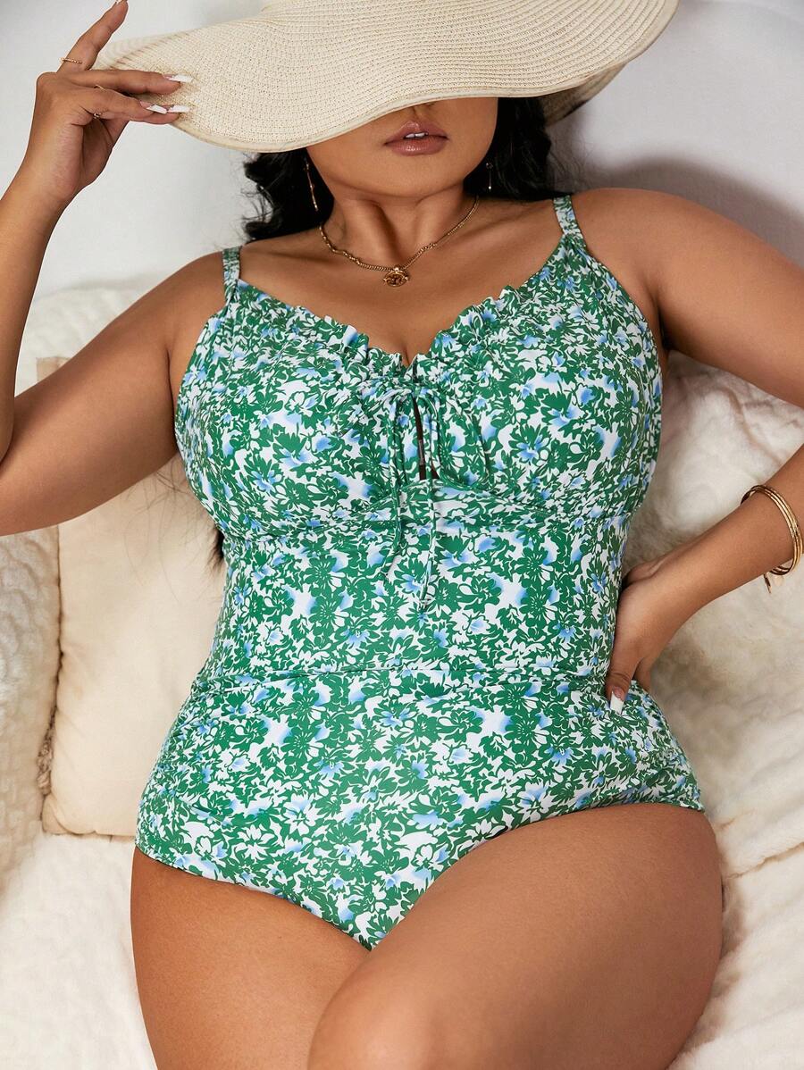 Swim Lushoire Summer Beach Plus Ditsy Floral Print Tie Front One Piece Swimsuit