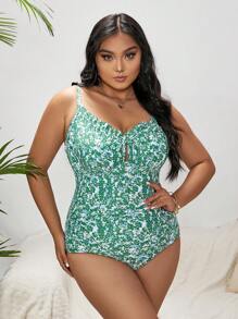 Swim Lushoire Summer Beach Plus Ditsy Floral Print Tie Front One Piece Swimsuit