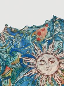 SHEIN MOD Plus Sun & Floral Print Lettuce Trim Mesh Top - Multicolor - View 3