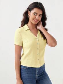BizChic Chất rắn Nút phía trước Áo sơ mi Trang phục làm việc - Màu vàng - Xem 4