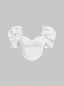 SHEIN MOD 加大碼愛心領蓬蓬袖三角領短款束腰結構襯衫