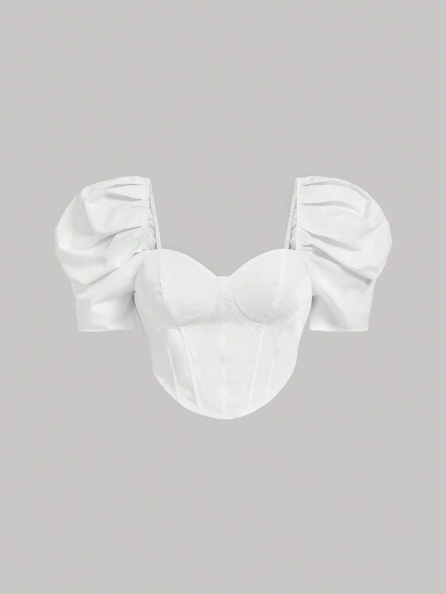 SHEIN MOD 加大碼愛心領蓬蓬袖三角領短款束腰結構襯衫