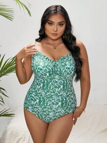 Swim Lushoire Summer Beach Plus Ditsy Floral Print Tie Front One Piece Swimsuit