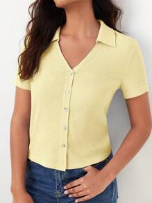 BizChic Chất rắn Nút phía trước Áo sơ mi Trang phục làm việc - Màu vàng - Xem 6