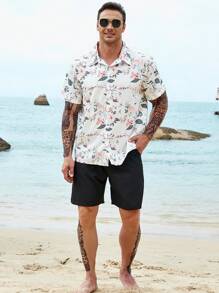 Manfinity Men Plus Floral Print Shirt & Drawstring Waist Shorts Without Tee - Black and White - View 1