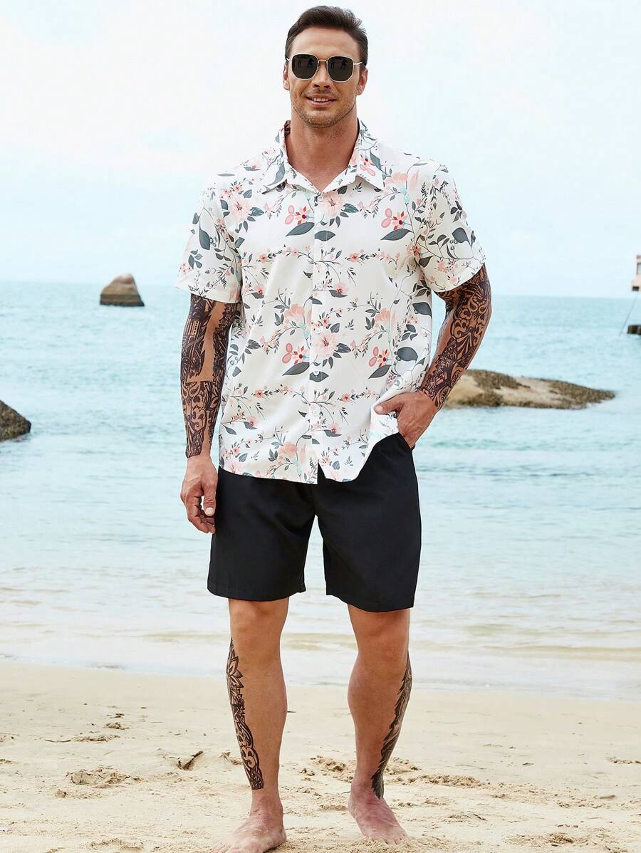 Manfinity Men Plus Floral Print Shirt & Drawstring Waist Shorts Without Tee - Black and White - View 1