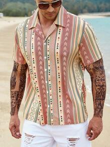 Manfinity RSRT Men Plus Geo Print Lapel Neck Shirt Without Tee - Multicolor - View 1