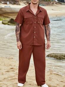 Manfinity 男士翻蓋口袋襯衫和褲子 - 棕色 - 查看 6