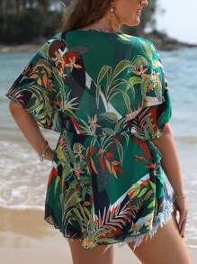 SHEIN VCAY Plus Tropical Print Flounce Sleeve Knot Front Blouse Without Cami Top - Multicolor - View 2